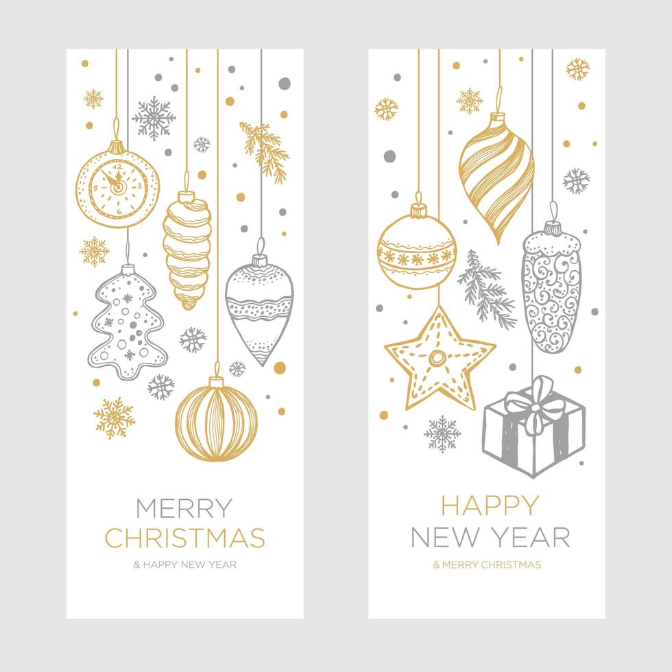 Navidad un año nuevo banner retro dibujado a mano con bolas, juguetes y copos de nieve, para el diseño de Navidad en estilo retro dorado y plateado. Ilustración vectorial sobre fondo blanco. vector