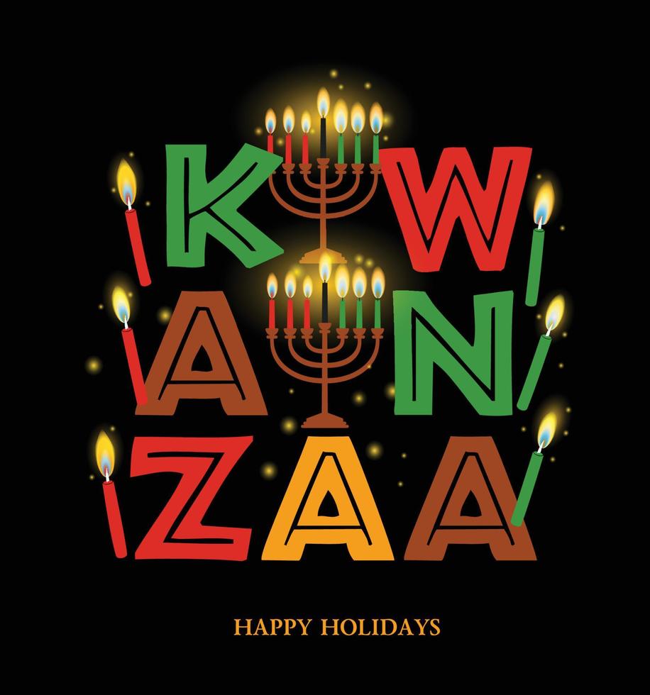 Vector illustration of Kwanzaa. Holiday african symbols with lettering on black background.