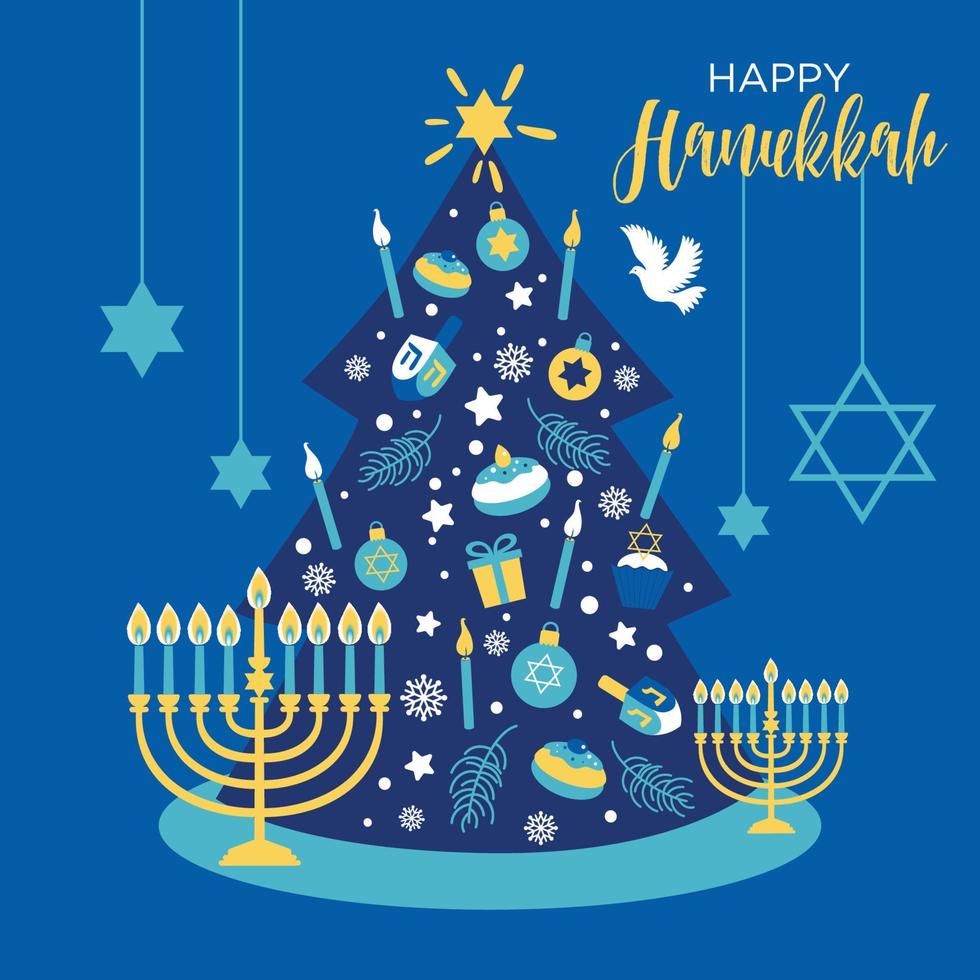 Christmas and Hanukkah holiday banner design with christmas tree. Winter hanukkah illustration with candels. vector