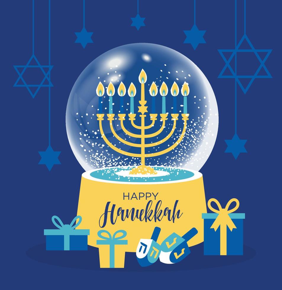 Ilustración de vector de Janucá juish. Menorah judía en icono de vector de globo de nieve. símbolo de las velas de Hanuka. feliz tarjeta de invierno de hanukkah con nieve.