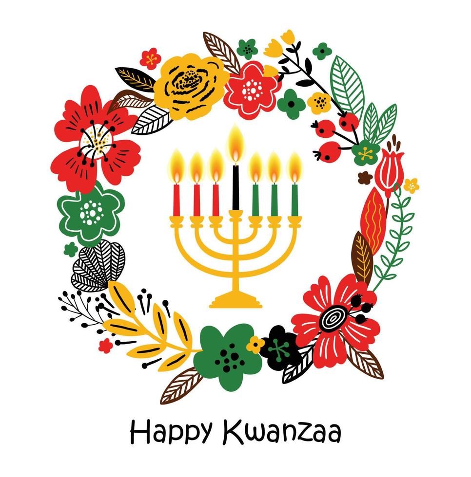 Banner for Kwanzaa with traditional candles representing the Seven Principles or Nguzo Saba. Lettering Happy Kwanzaa. Vector greeting card in wreath background.