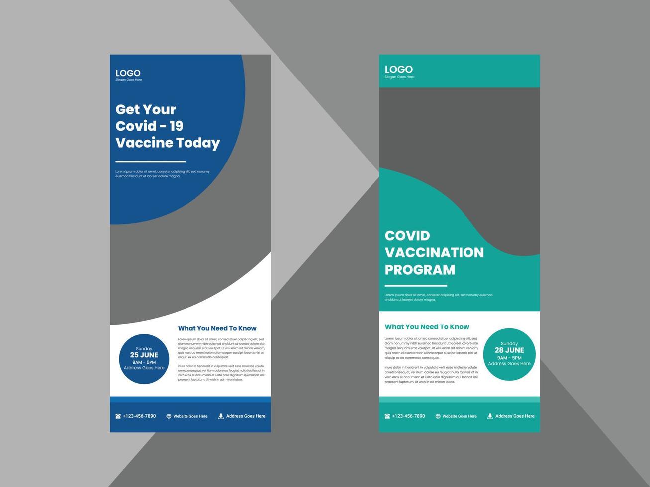 covid-19 vaccination program roll up banner design template. coronavirus vaccination poster leaflet design. cover, roll up banner, poster, print-ready vector