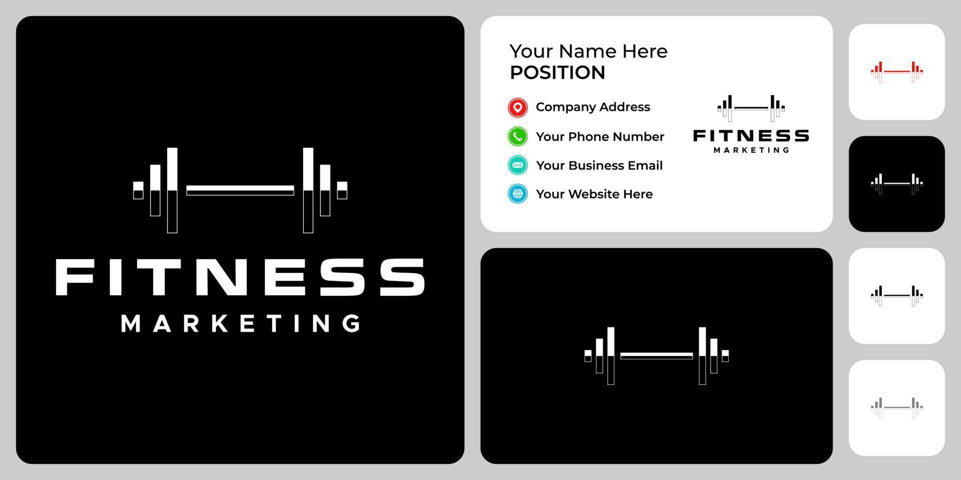 Abstract dumbbells and marketing graph logo design with business card template. vector