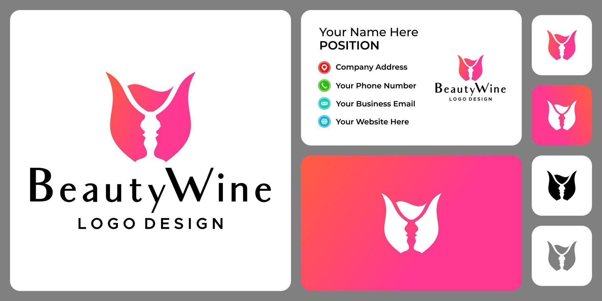Cara de belleza abstracta y diseño de logotipo de copa de vino con plantilla de tarjeta de visita. vector