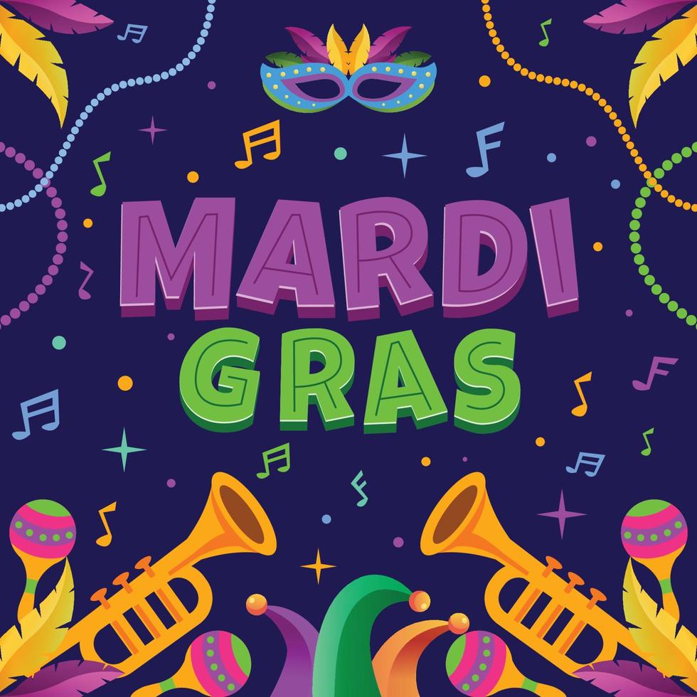 Mardi Gras con fondo de instrumentos musicales vector