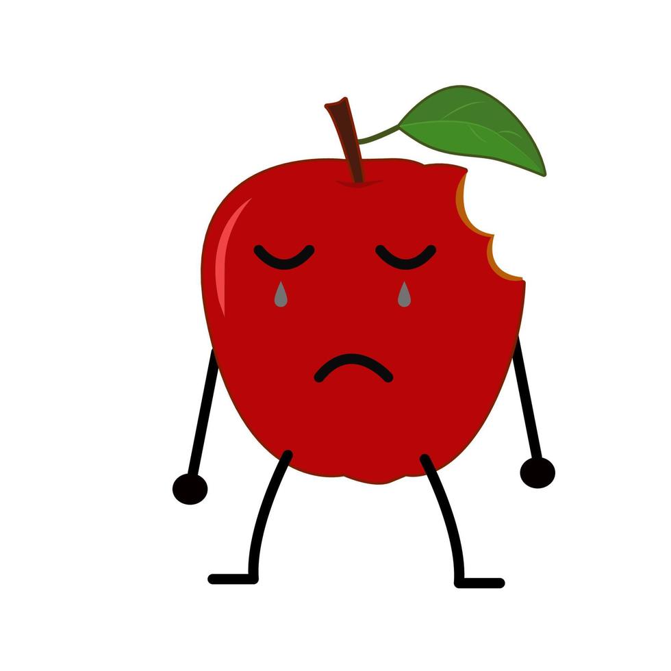 Vector lindo personaje de fruta de manzana, manzana triste, lindo personaje de fruta aislado en un fondo blanco, adecuado para productos de nutrición, productos para la salud.