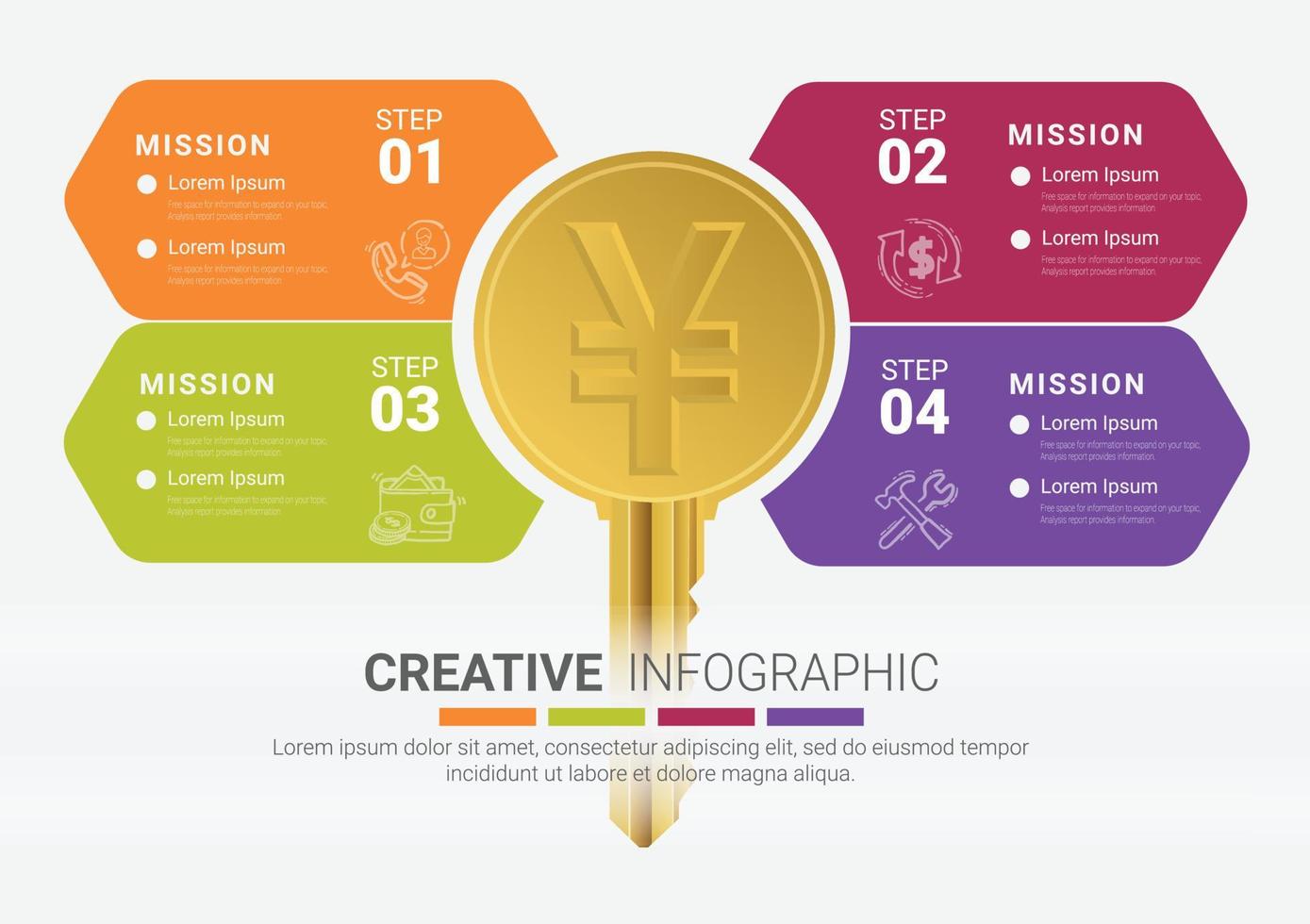 Diseño de infografías clave, el negocio de China, yuan en diseño plano. vector