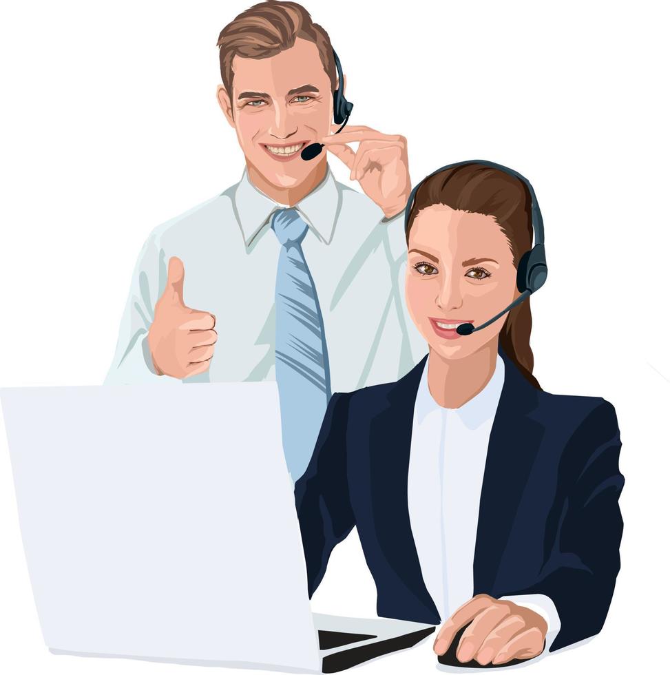call center. technical support. online shopping, call center workers. man and woman. smiling customer service operators, male and female, thumb up. employee working with headset. vector