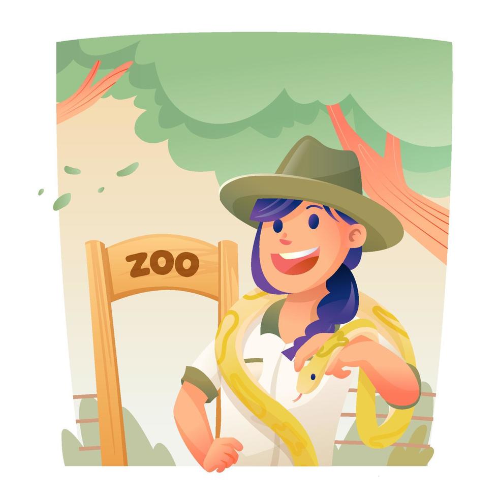 Cheerful Female Zoo Keeper Holding A Snake vector