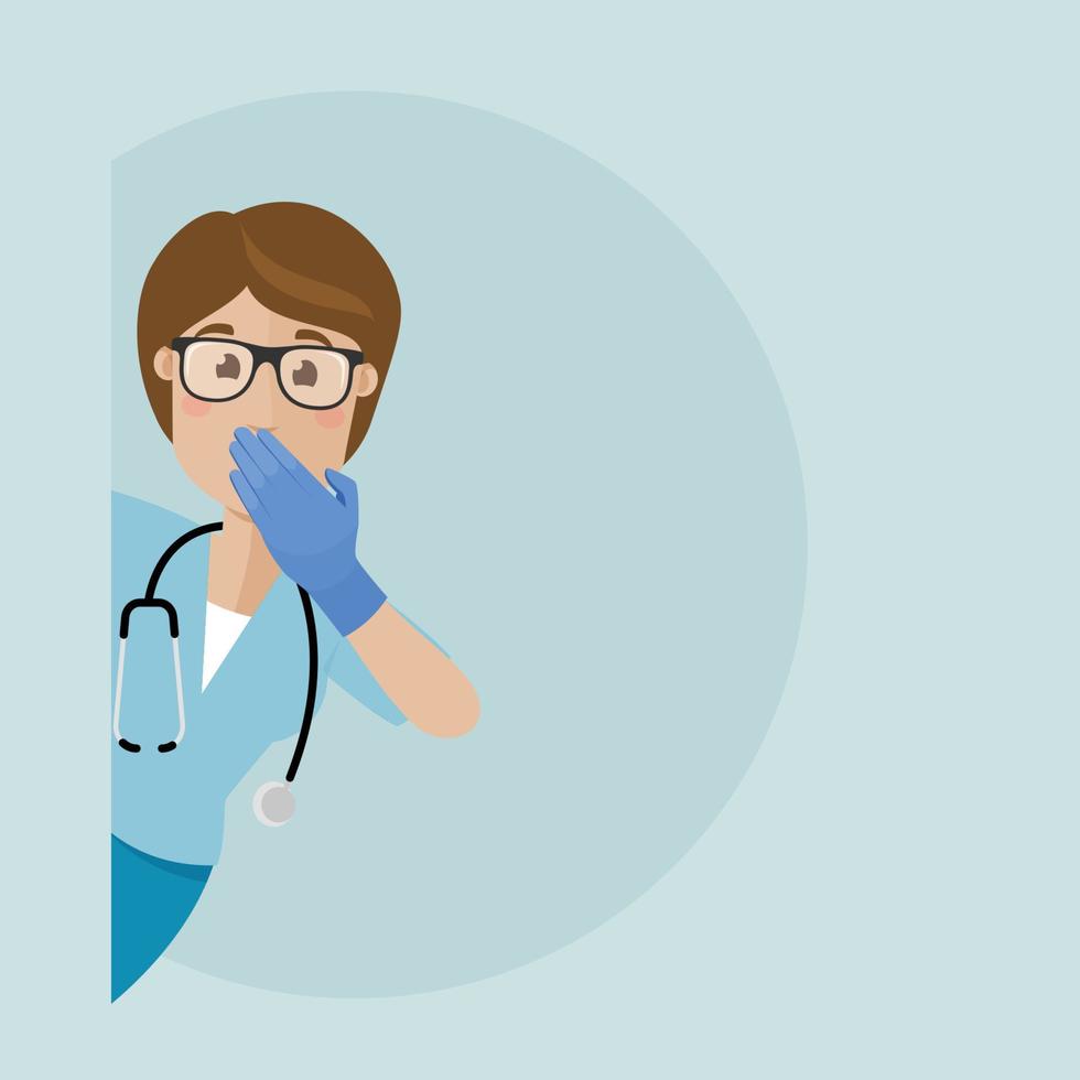 Young nurse in eyeglasses and medical gloves peers around the corner and covers his face with his hand. The nurse is surprised, discouraged. vector