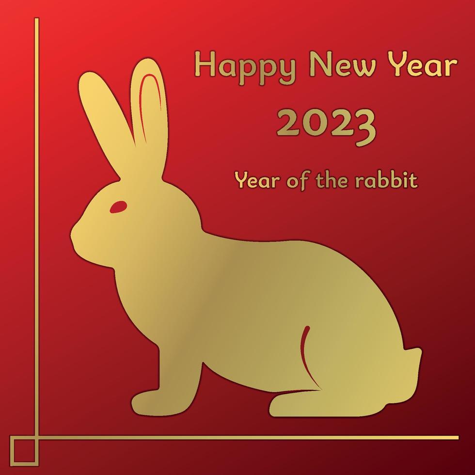 Golden rabbit silhouette on red background. 2023 symbol. Chinese Happy New Year poster, greeting card. Vector illustration