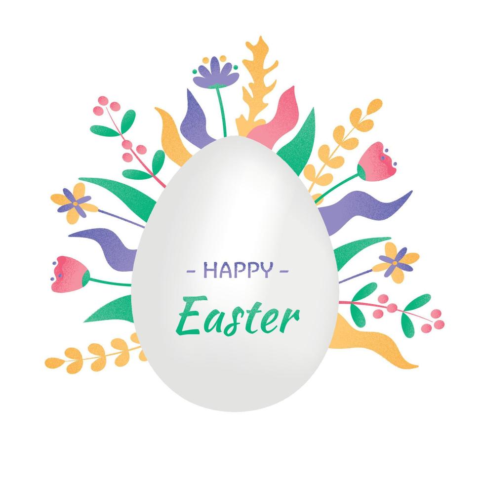 Happy easter egg isolated on white, flowers around behind. Greeting card, paper cut 3d egg and minimalistic cute bright flat flowers with grain effect. Vector illustration with text