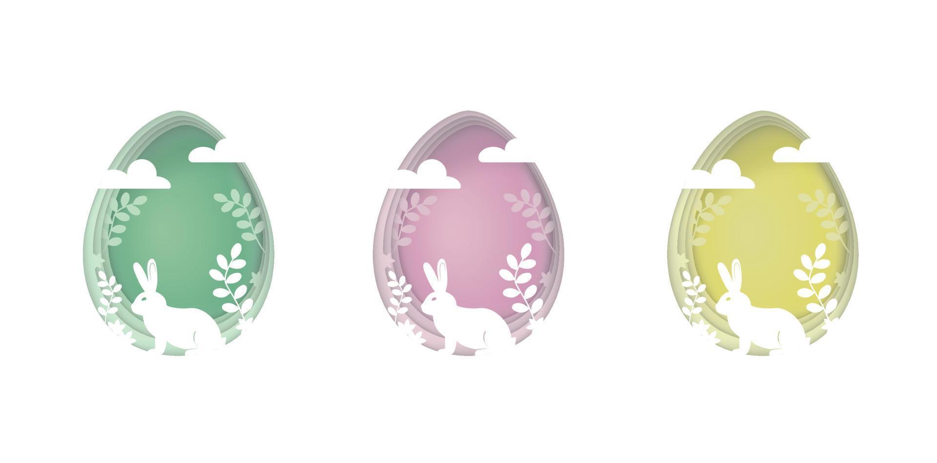 Paper cut tender set of easter eggs with rabbit, clouds, flowers and branches. 3d abstract vector illustration isolated on white. Green, pink, yellow greeting card happy easter