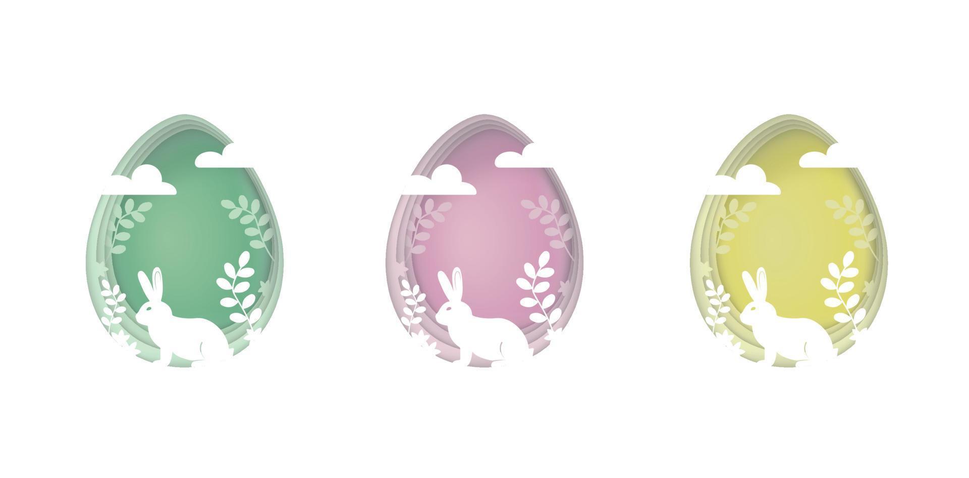 Paper cut tender set of easter eggs with rabbit, clouds, flowers and branches. 3d abstract vector illustration isolated on white. Green, pink, yellow greeting card happy easter