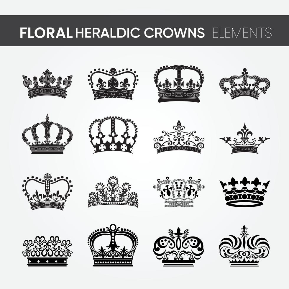 Conjunto de vectores de 16 diseños de corona real heráldica floral minimalista moderno de alta calidad diferentes. para diseños de tipo reino. emblema y símbolo de heráldica. el estilo clásico. Ilustración de arte lineal.