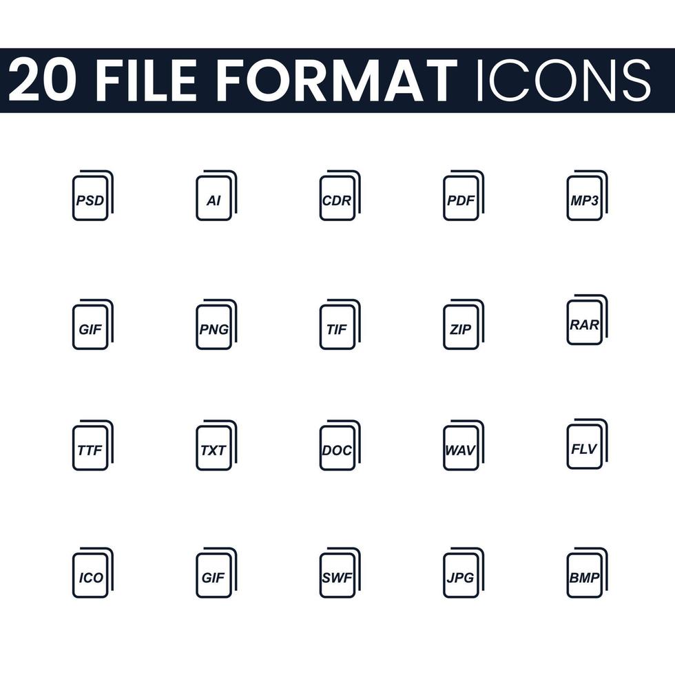 20 iconos de formato de archivo. paquete de iconos de formato de archivo. formato de archivo colección de iconos. vector