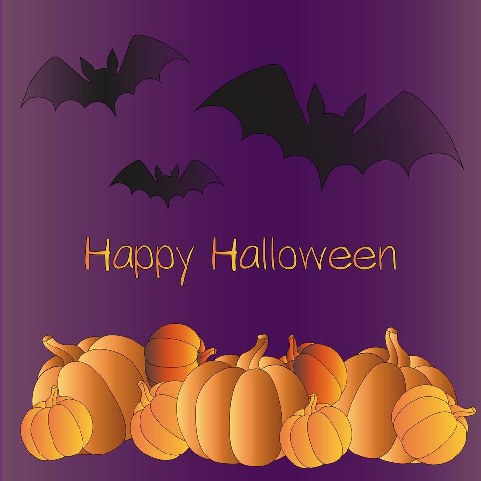 Postal de calabaza sobre fondo morado con murciélagos e inscripción naranja vector