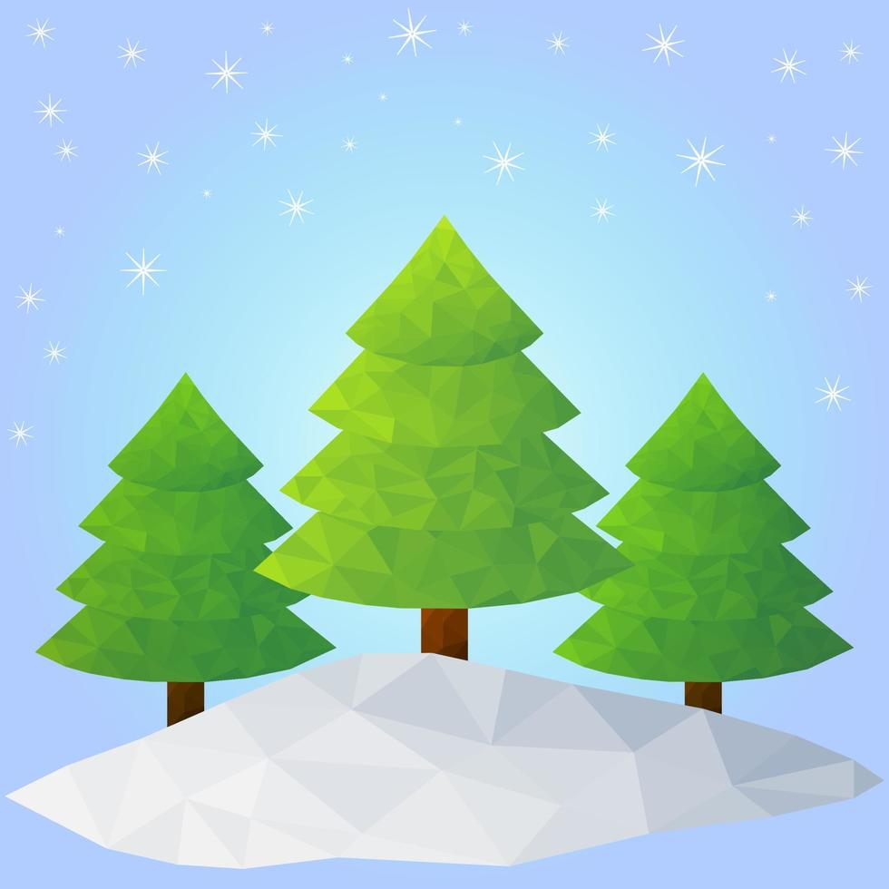 low poly Christmas trees made of triangles on a blue background with stars vector