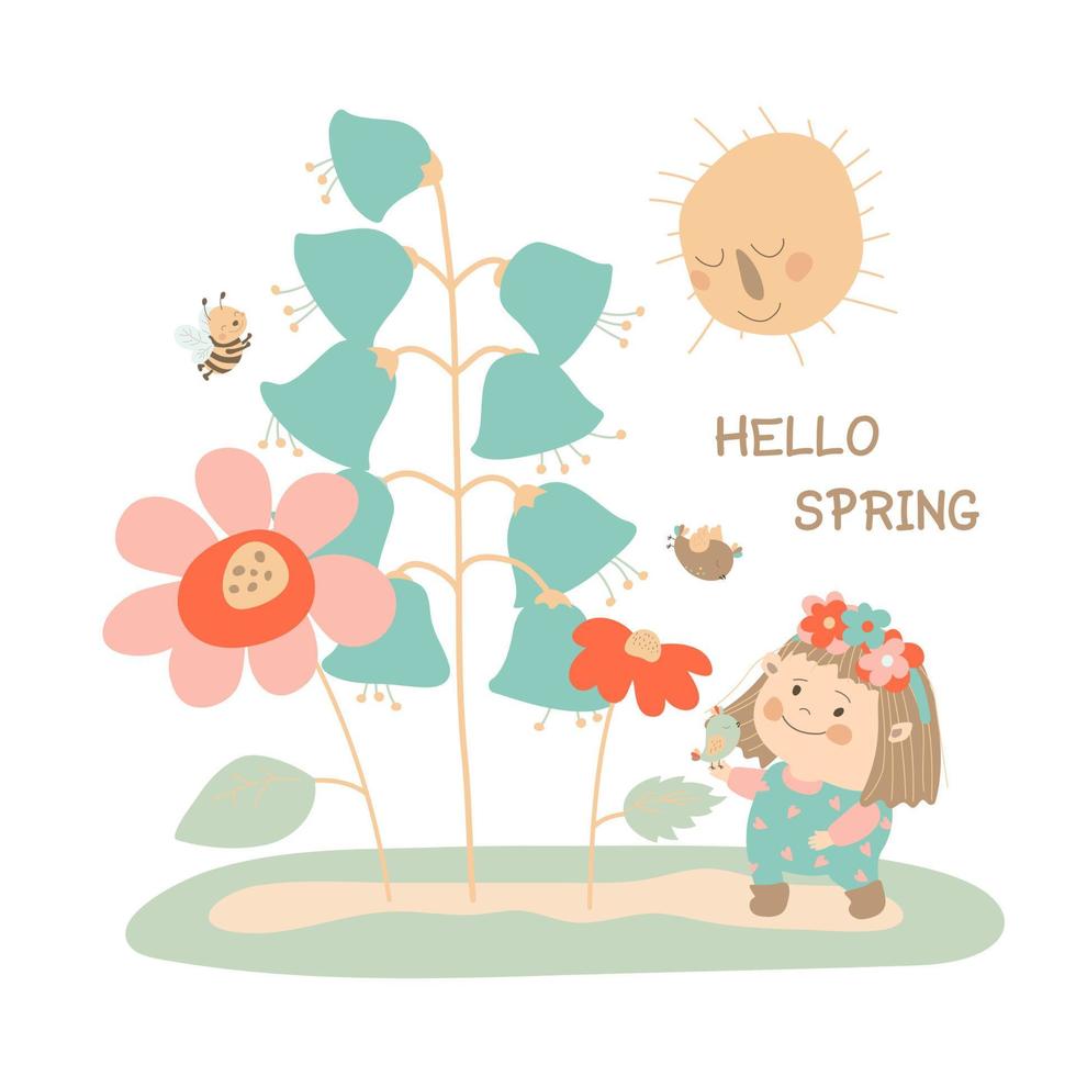 The little girl is excited about spring. The little girl is holding a bird in her hand. A bee flies near flowers. Vector illustration on white background in cartoon style. Hand drawing. For print.