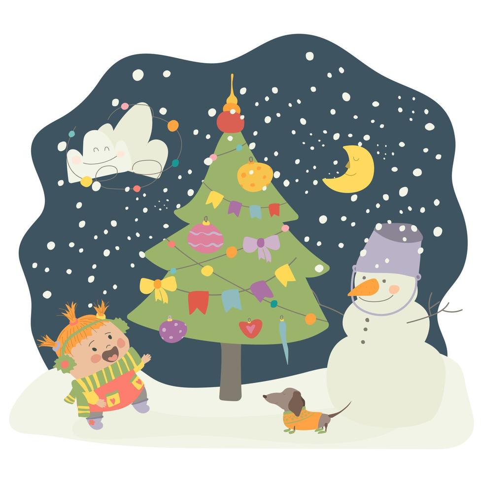 una niña jugando afuera cerca del árbol de Navidad. la niña y el perro están felices por el invierno y el muñeco de nieve. vector ilustración aislada en estilo de dibujos animados. para impresión, diseño web.