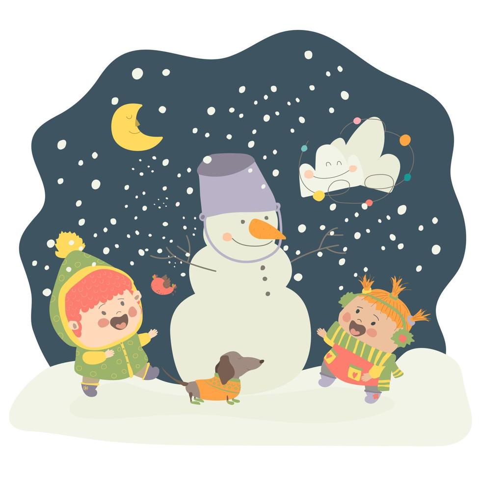 Little girls playing outside with a snowman. Two friends are happy about winter. Vector isolated illustration in cartoon style. For print, web design.
