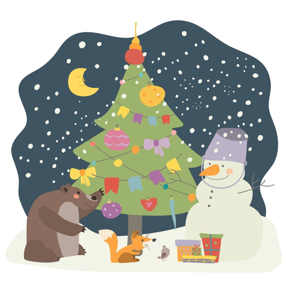 The forest animals are playing outside near the Christmas tree. The bear and the fox are happy with winter, presents and a snowman. Vector isolated illustration in cartoon style. For print, web