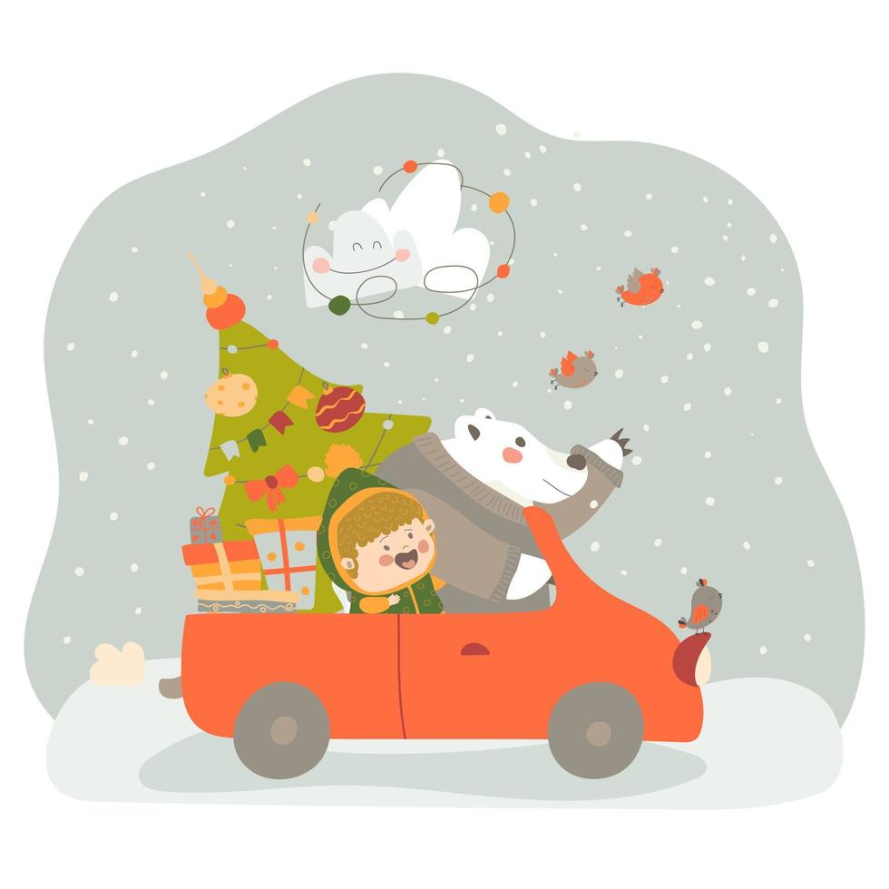 A little girl and a polar bear go by car to celebrate Christmas. Friends are carrying a Christmas tree and presents. Vector illustration on white background in cartoon style. Hand drawing. For print.