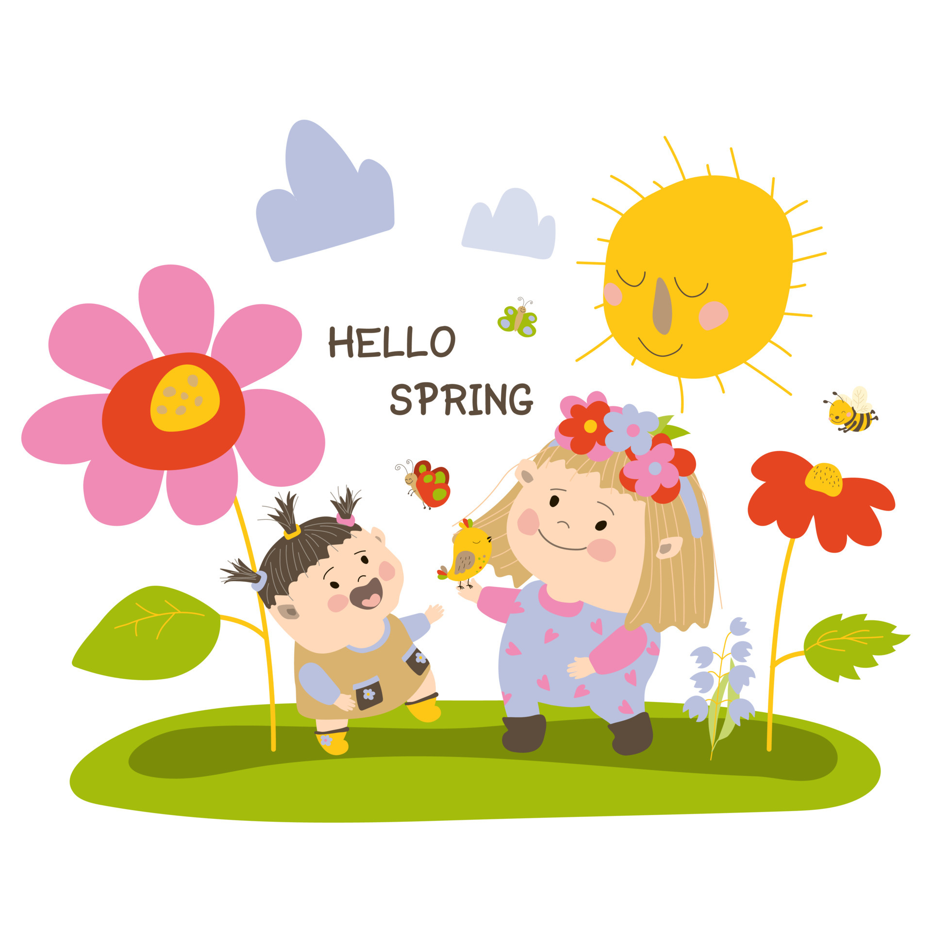 Little girls are walking in a clearing of flowers. The girl is holding a bird in her hand. A bird and a bee are flying near the flowers. Vector illustration on white Little girls are walking in a clearing of flowers. The girl is holding a bird in her hand. A bird and a bee are flying near the flowers. Vector illustration on white