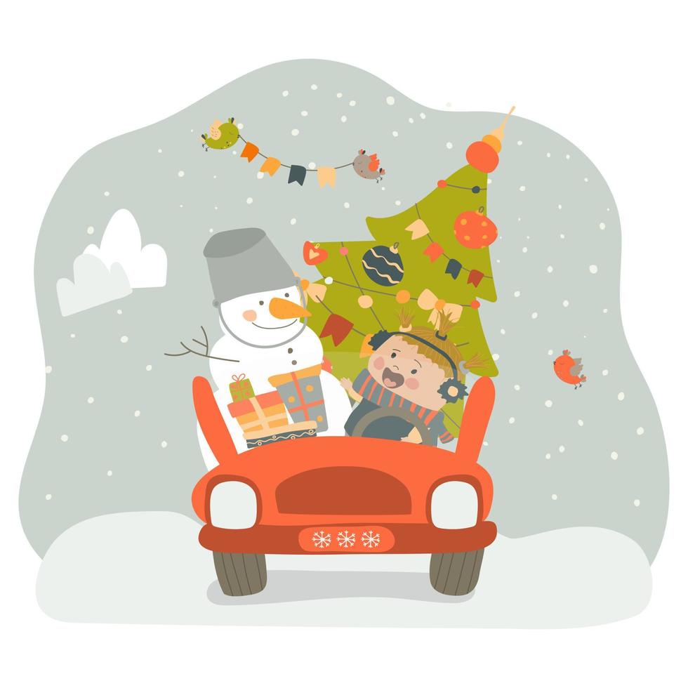 una niña y un muñeco de nieve van en auto para celebrar la Navidad. los amigos llevan un árbol de Navidad y regalos. ilustración vectorial sobre fondo blanco en estilo de dibujos animados. Dibujo a mano. para imprimir. vector