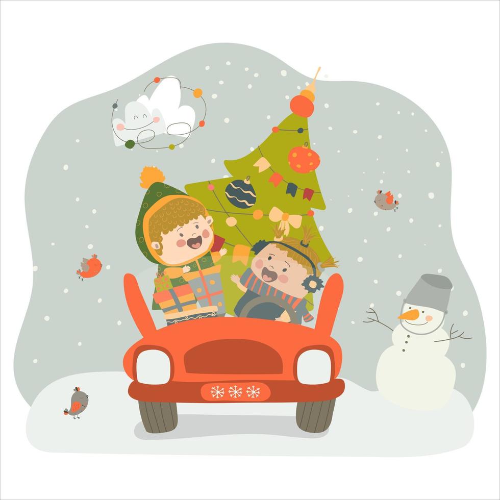 Friends carrying a Christmas tree and presents. Two girls are going to a New Year's party. Vector illustration on white background in cartoon style. Hand drawing. For print, web design.
