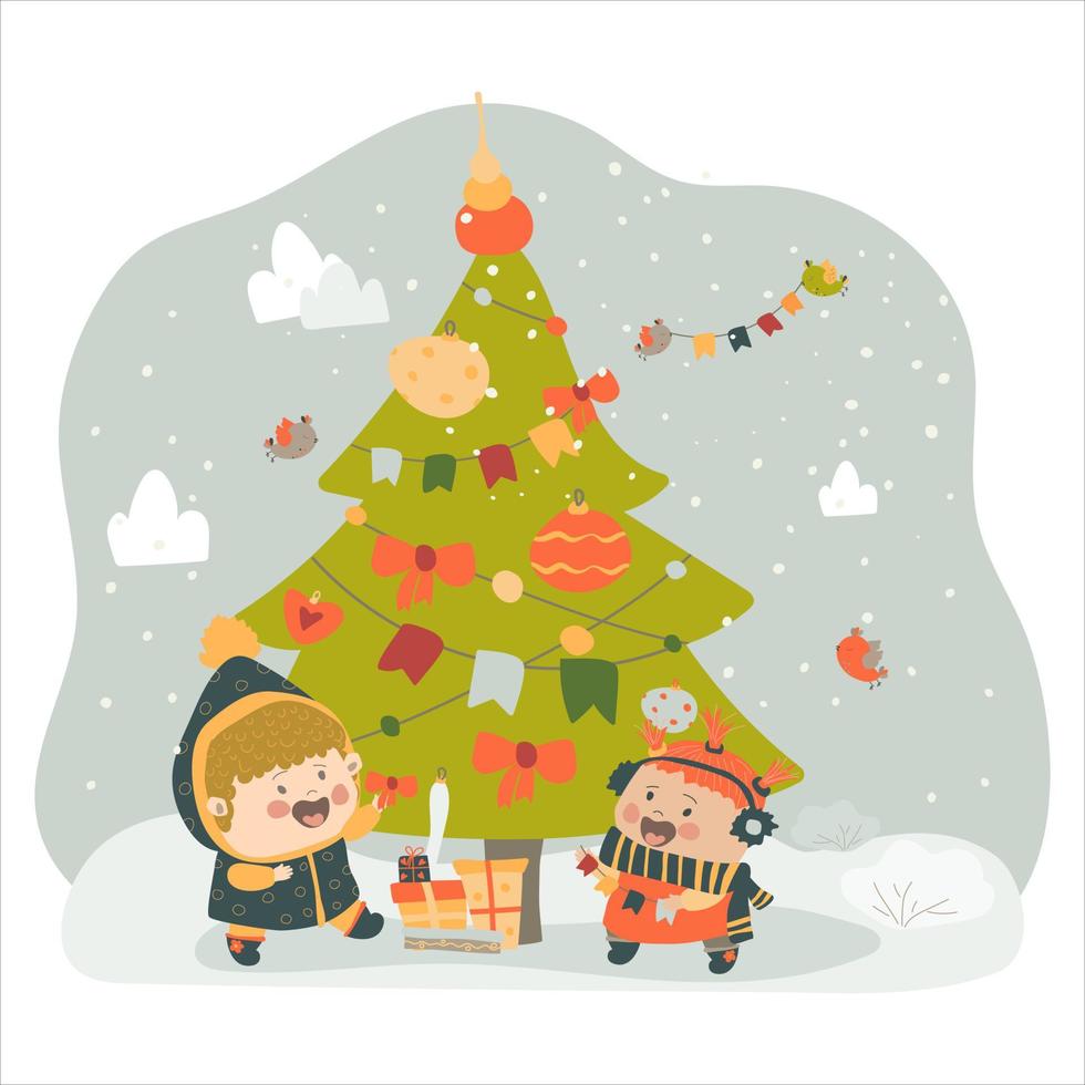 Happy little girls decorate the Christmas tree. There are presents under the Christmas tree. Vector illustration in cartoon style on white background. Hand drawing. For print, web design.