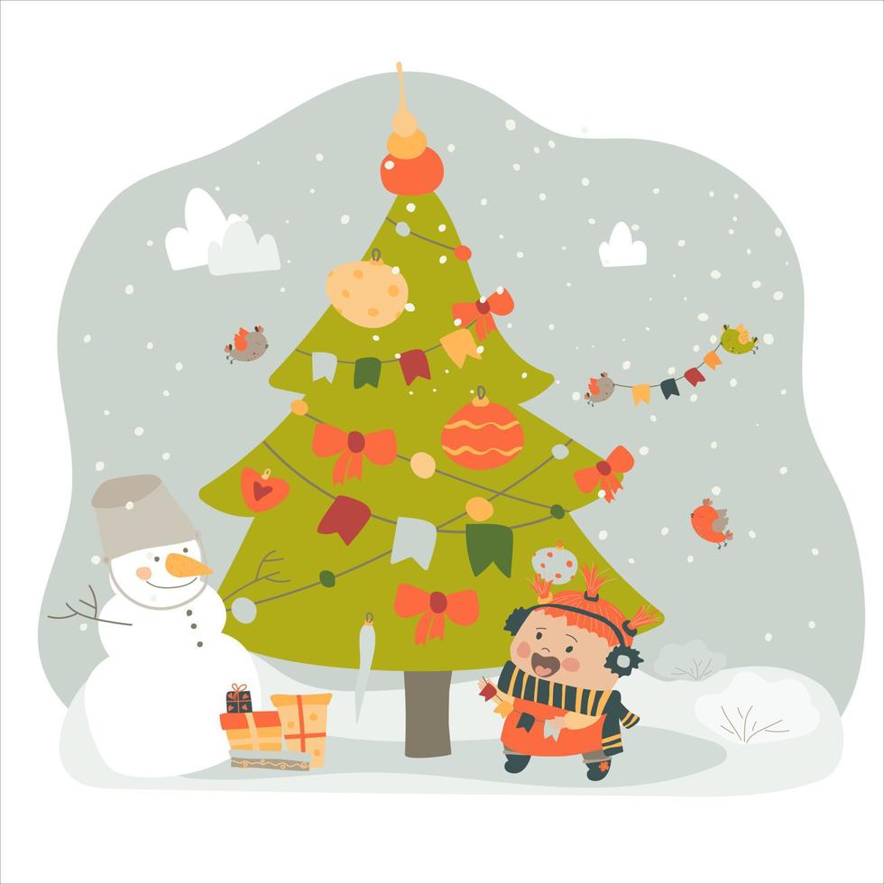 The little girl and the snowman are happy New Year presents. Friends decorate the Christmas tree. Vector illustration in cartoon style on white background. Hand drawing. For print, web design