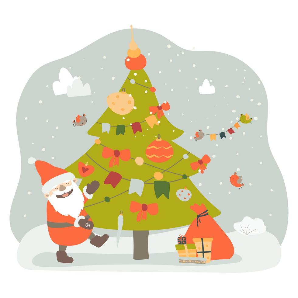 Santa Claus brought Christmas presents. Santa Claus decorated the Christmas tree. Vector illustration in cartoon style on white background. Hand drawing. For print, web design.