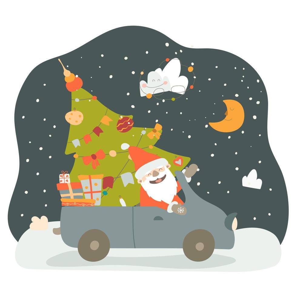 Santa Claus rides the car with Christmas gifts and decorated Christmas tree. Vector illustration in cartoon style on white background. Hand drawing. For print, web design.
