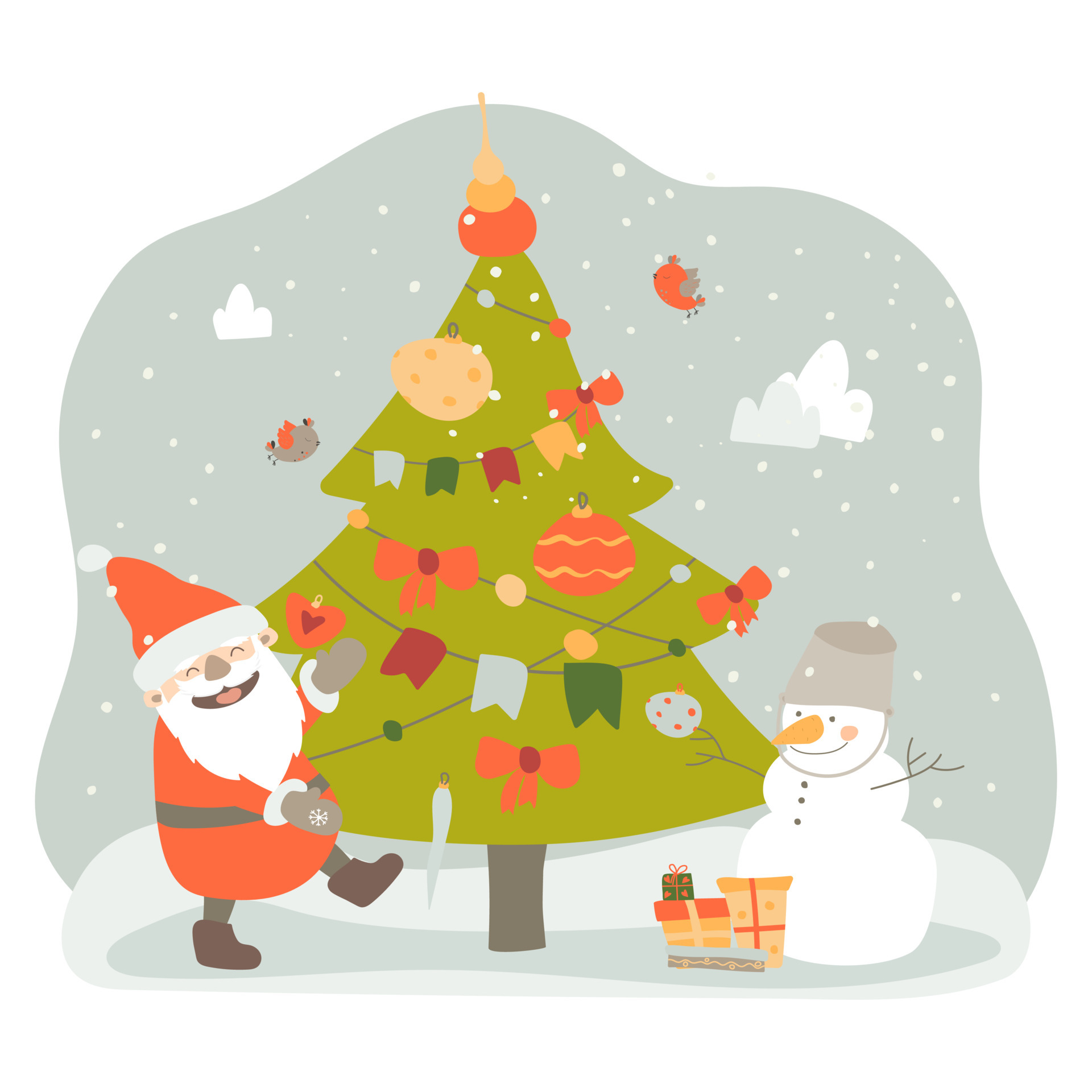 Santa Claus brought Christmas presents. Santa Claus and the snowman  decorated the Christmas tree. Vector illustration in cartoon style on white  background. Hand drawing. For print, web design. 4822345 Vector Art at