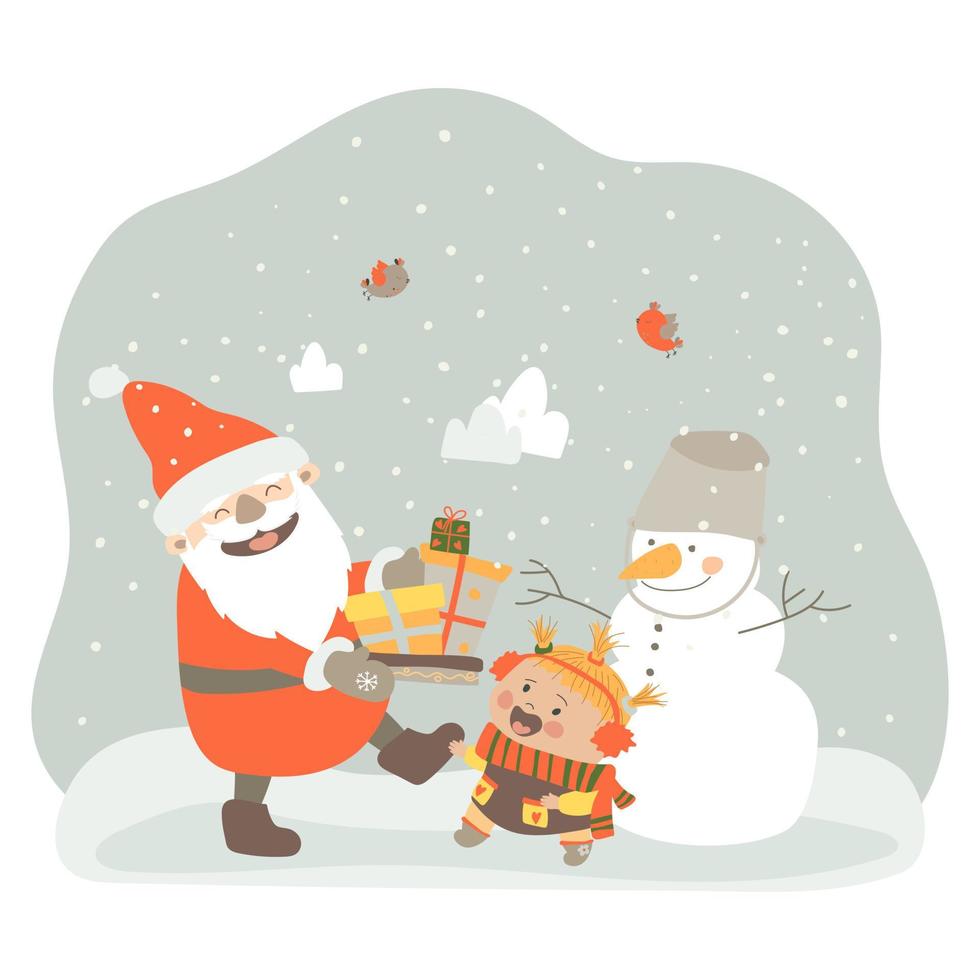 Jolly Santa Claus gives a child Christmas presents. A little girl is happy with presents. Vector illustration in cartoon style on white background. Isolate, hand drawing. For print, web design.