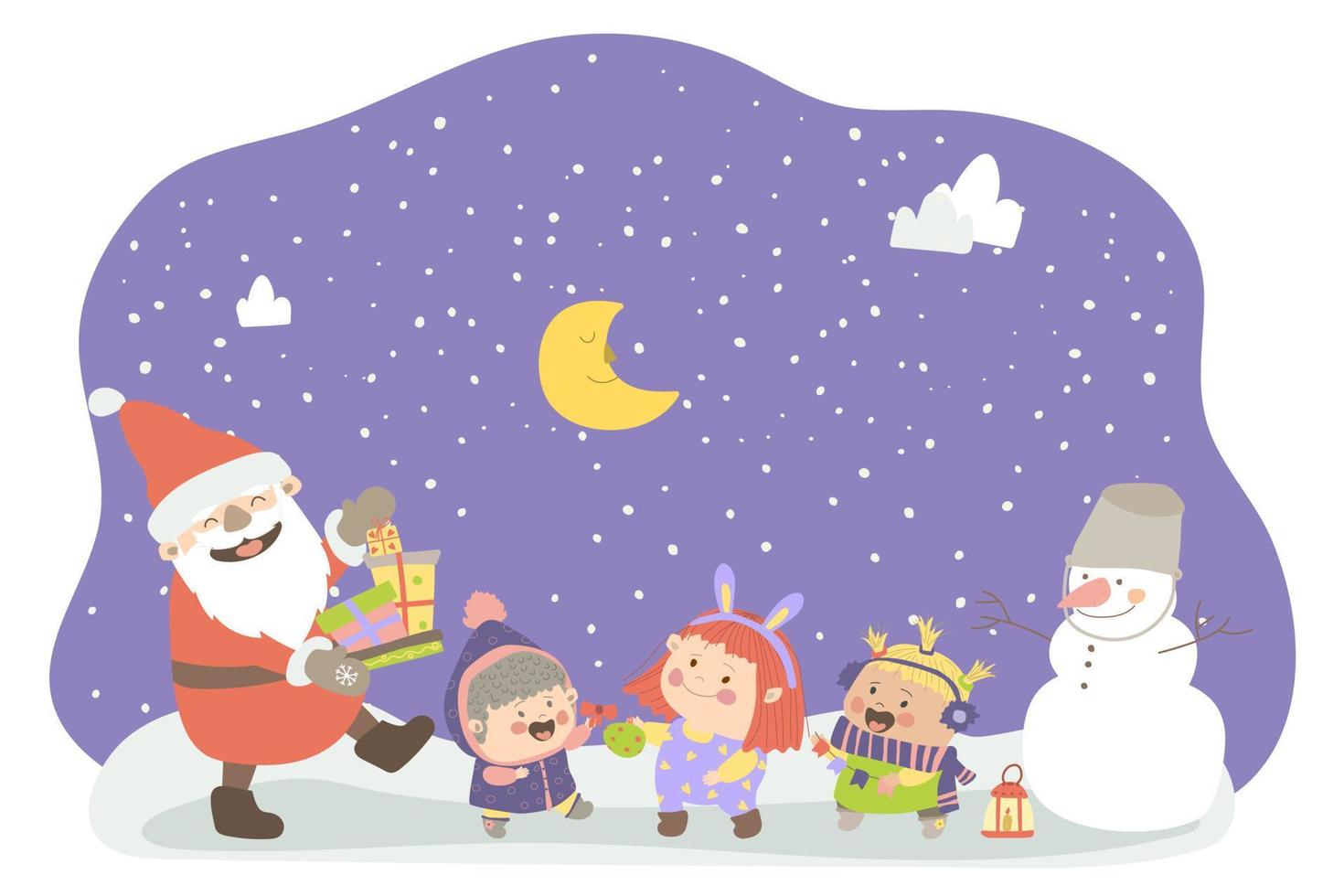Santa Claus carries presents. Cheerful girls and a snowman singing Christmas songs. Vector illustration in cartoon style. Hand drawing. Isolate. For print, web design.