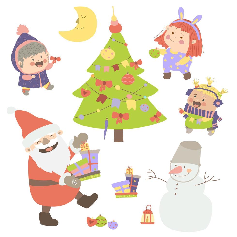 elementos de año nuevo en un fondo blanco. Papá Noel, niñas alegres y muñeco de nieve decoran el árbol de Navidad. ilustración vectorial en estilo de dibujos animados. Dibujo a mano. aislar. para impresión, diseño web. vector