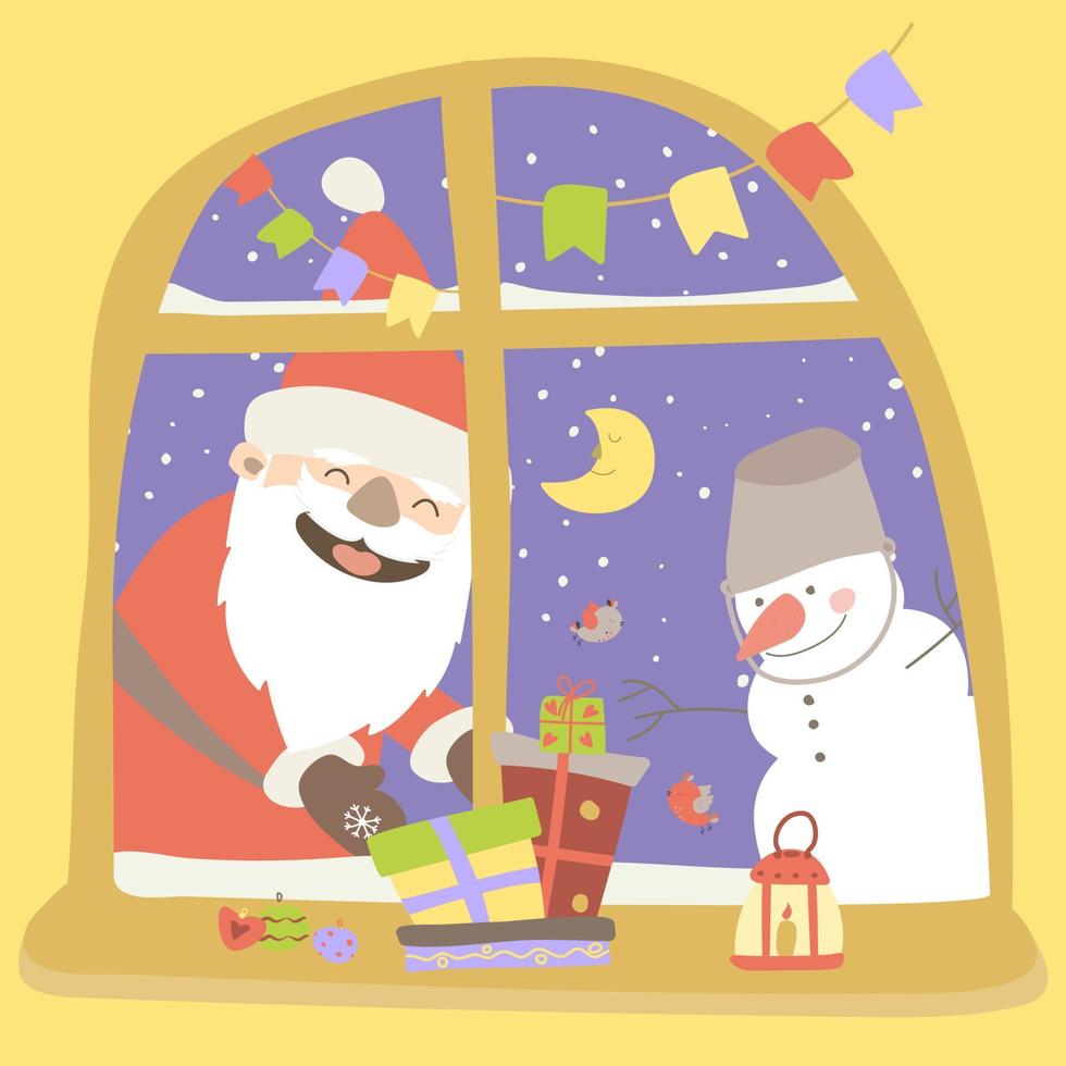 Jolly Ded Moroz and the snowman give New Year presents. New Year presents from Santa Claus standing on the window. Vector illustration in cartoon style. Hand drawing. For print, web design.