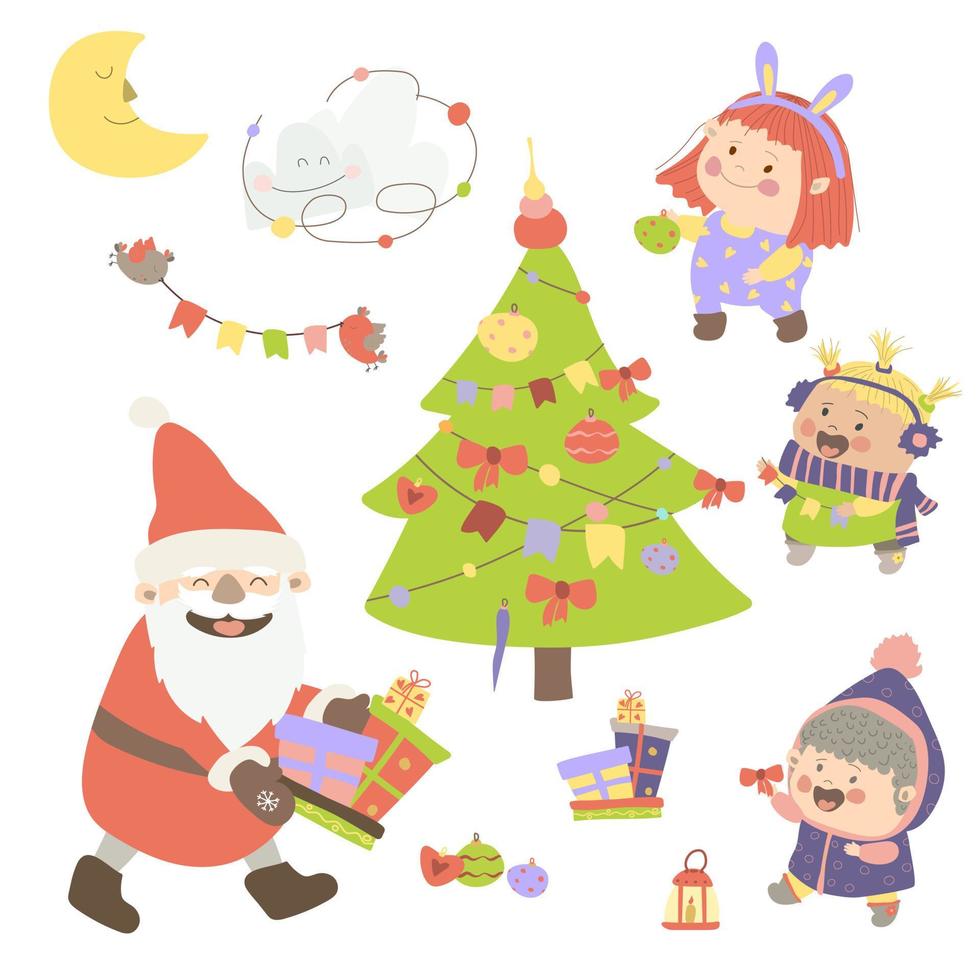 New Year's Elements set on a white background. Santa Claus carries presents. Cheerful girls and the snowman decorate the Christmas tree. Vector illustration in cartoon style. Hand drawing. Isolate.