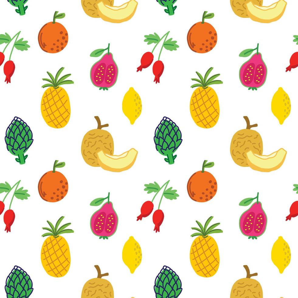 Seamless pattern with summer fruits and berries melon, orange, artichoke, rosehip, lemon, guava. Exotic tropical fruits in the flat style. vector