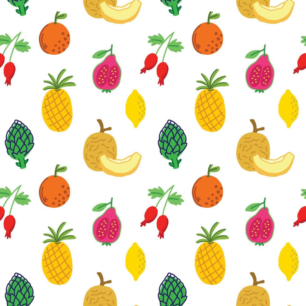 Seamless pattern with summer fruits and berries melon, orange, artichoke, rosehip, lemon, guava. Exotic tropical fruits in the flat style. vector