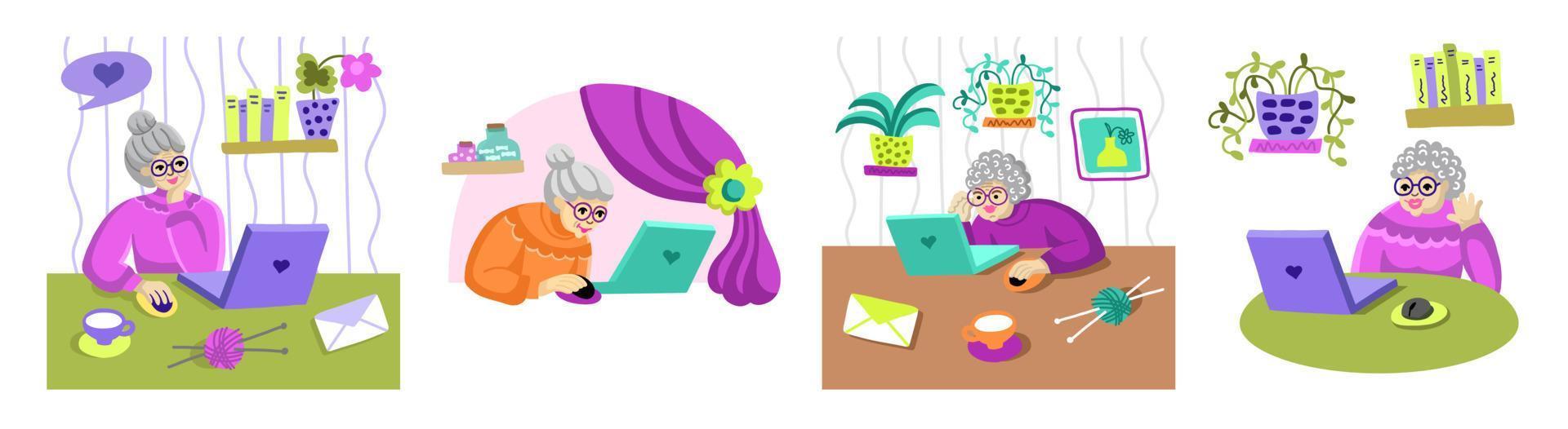 A set of smiling modern elderly women who pay bank accounts online, watch online training webinars, work on a laptop. Women 60 years old communicate remotely vector