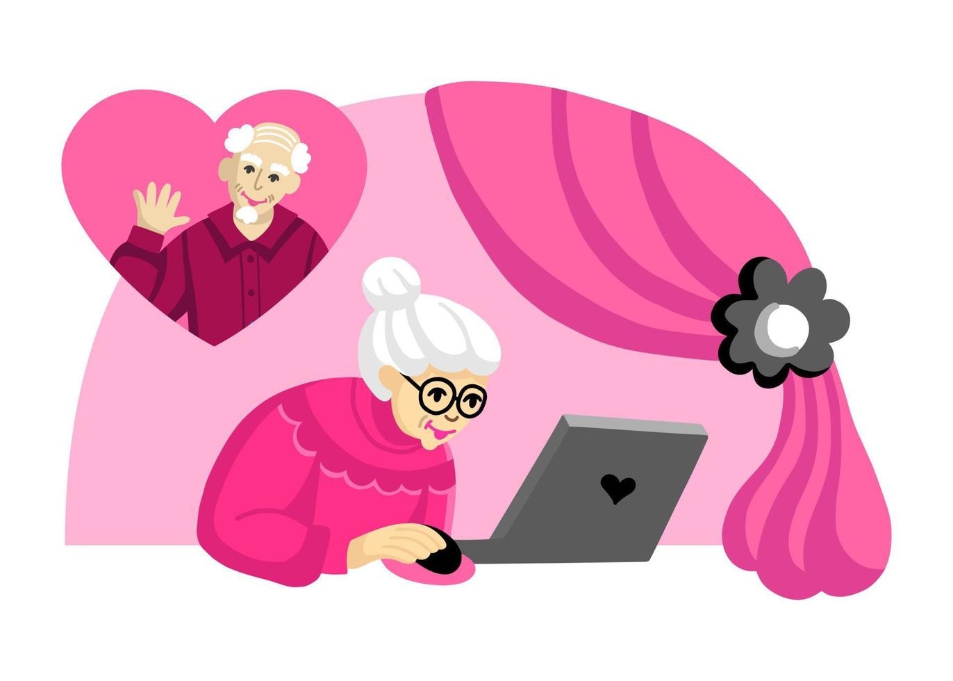 Grandpa calls grandma through a laptop. Elderly people congratulate each other on Valentine's Day vector