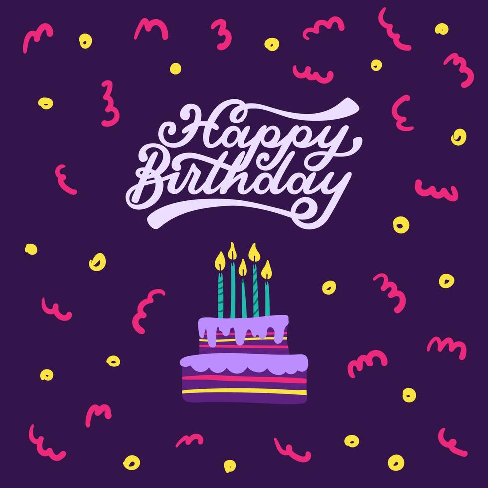 Lettering on birthday with birthday cake and cute curlicues vector