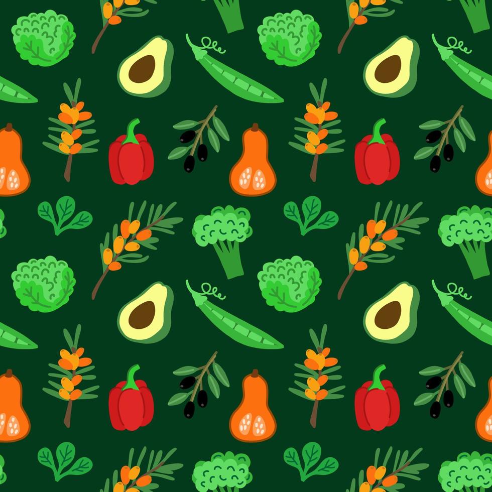 Vegetable seamless pattern with the image of red pepper, peas, brussels sprouts, butternut squash, broccoli, sea buckthorn, olives, avocado. vector