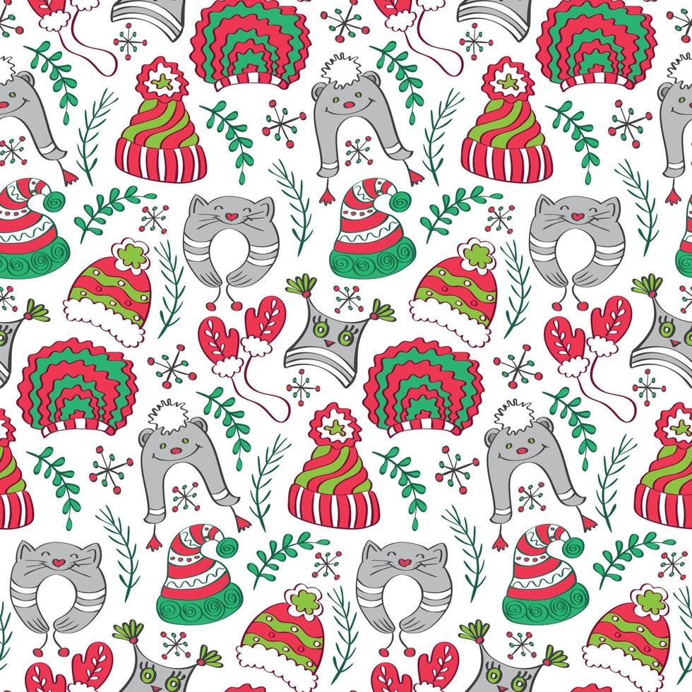 Ilustración de vector de sombreros de punto. sombreros de invierno colores navideños. dibujado a mano de patrones sin fisuras