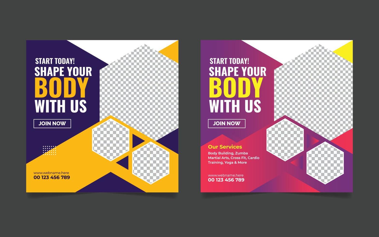 fitness gym promoción social media post banner web diseño de plantilla de flyer cuadrado vector