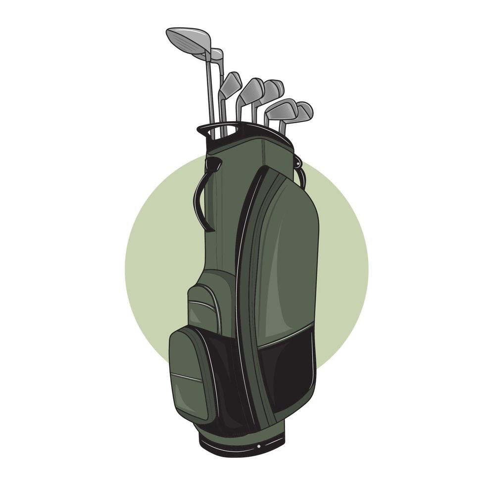 Green and black golf bag full of clubs, golfer sport equipment vector Illustration.