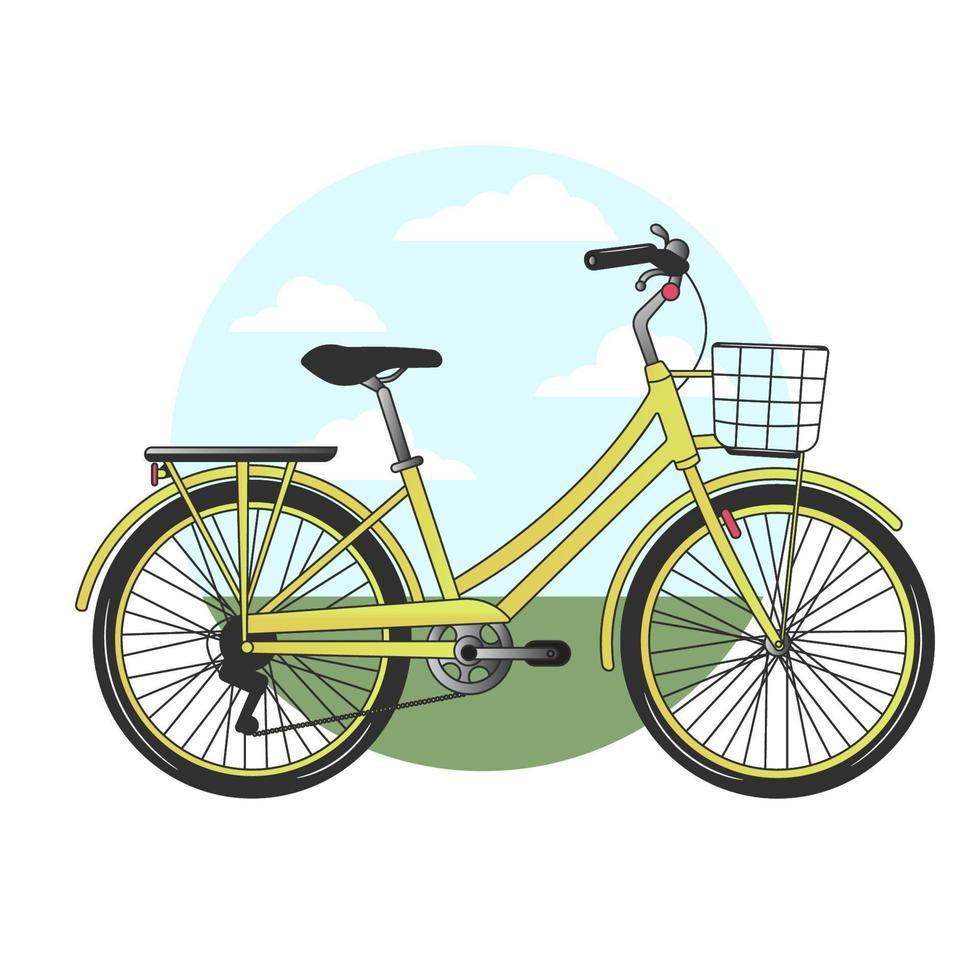 City bicycle. Cute women s bike with a low frame and basket in front. Vintage bicycle. Vector illustration. White backgrounds.